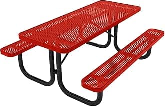 Coated Outdoor Furniture Heavy-Duty Portable Outdoor Picnic Table, Thermoplastic Coated Punched Steel Commercial-Grade Patio Dining Furniture Made in America (6ft Rectangular, Red)