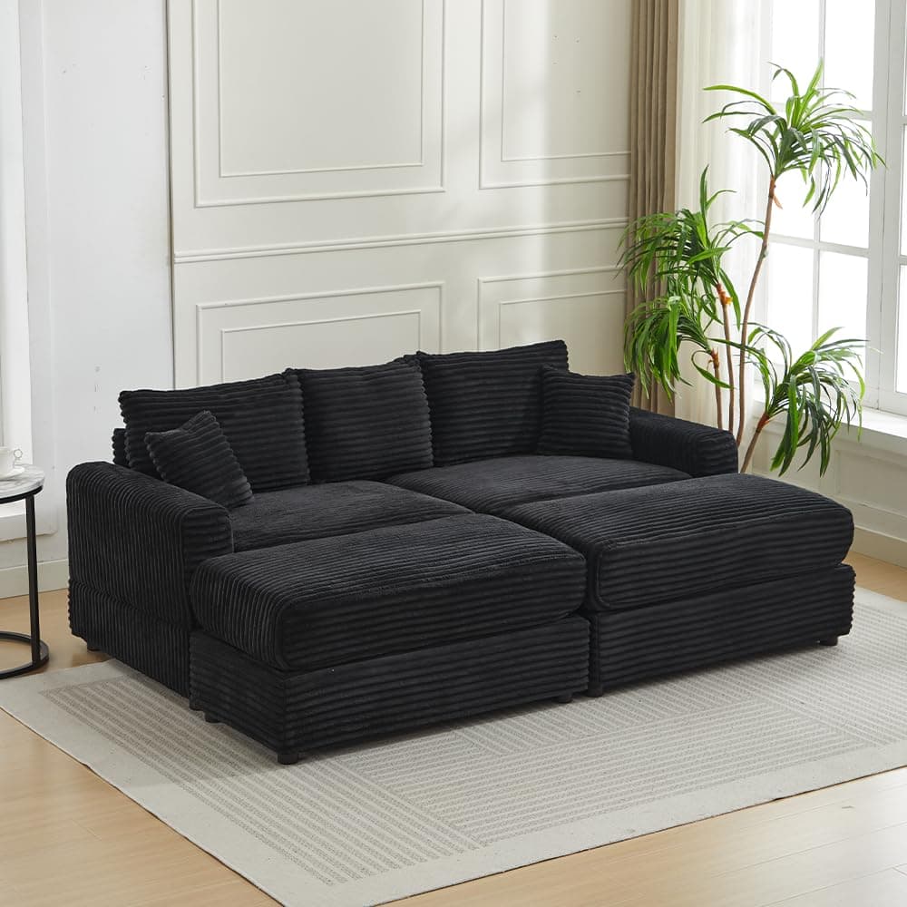 WILLIAMSPACE 82.68" Sectional Sofa Cloud Couch with 2 Ottomans for Living Room, Modern Upholstered 3 Seater Sofa Reading Chair Couch with 2 Pillows, Reclining Sofa Bed, Corduroy (Black)