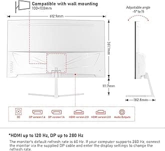 Gawfolk 27 Inch PC Computer Screen,1800R Curved Gaming 280Hz Monitors, FHD 1080p 1ms, Freesync, 98% sRGB,178 ° Angle View HDMI2.0、DisplayPort, Compatible with Wall-Mounted 100 * 100MM-White