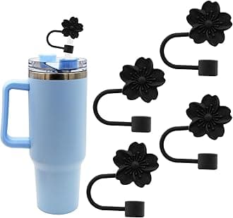Flower Silicone Straw Cover Cap for Stanley Cup,Straw Topper 10mm 0.4in Dust-Proof Reusable Straw Tips Lids,Straw Tip Covers Gift for Party Decor (Black Cherry blossom 4pcs)