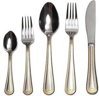 WORLD GIFTSFlatware Set 20-Piece Service for 4, 18/10 Stainless Steel Silverware Cutlery, 24k Gold Plated Accent (gold sets) (Gold Beads)