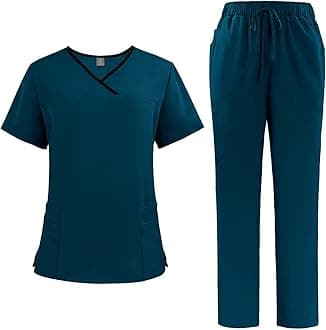 TopassionScrubs Uniforms Women Set, Female Medical Uniforms & Scrubs Durable Short Sleeve V Neck Tunic Top and Pants with Pockets, Beauty Tunics for Women UK Nursing Workwear Suits for Beauty Center