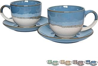 Ceramic Cappuccino Cup and Saucer Set of 2, 10 Oz, Coffee Cups for Latte, Espresso, Tea, Dishwasher and Microwave Safe (Blue)