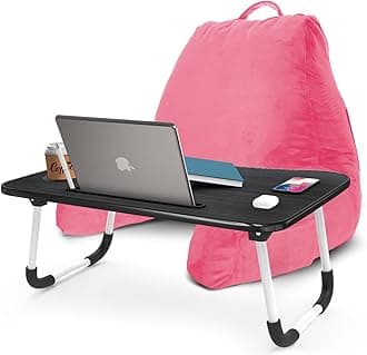 Nestl Reading Pillow with Portable Laptop Lap Desk - Shredded Memory Foam Back Support Pillow for Sitting Up in Bed and Couch Rest Pillows with Arms, Bed Tray Table with Foldable Legs, Light Pink