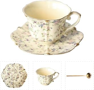 Vintage Floral Porcelain Tea Cup and Saucer Set with Spoon, Gold Trim, 6.4 oz – Set of 1, Beige – Tea & Espresso & Coffee Cups (1, Beige)