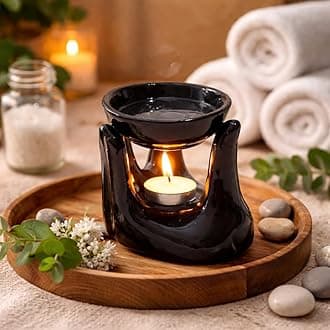 Oil Burner for Home, Office, with 1 Tea Light Candle, Made by Porcelain (Black)