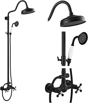 gotonovo Luxury Exposed Shower Faucet Set Bathroom Shower System 8 Inch Wall Mount Rainfall Shower Head with Handheld Spray Cross Double Handle Shower Fixture Adjustable Arc Rod Matte Black