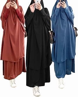 AlilyolWomens Muslim Abaya Solid Prayer Dress Islamic Maxi Kaftan with Hijab Dubai Full Length 2 Piece Dress