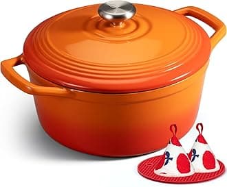 Overmont 5L Enamelled Cast Iron Round Casserole Pot With Lid Cookbook & Cotton Potholders - Non-stick Dutch Oven Cookware for Braising, Stews, Roasting, Bread Baking - Orange, 26cm