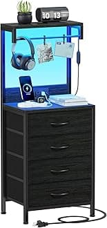 Tall Nightstand with Charging Station, Night Stands with LED Lights and Storage Shelves, Bed Side Table for Bedroom, Hallway, Office, 4 Fabric Drawers (Black Oak)