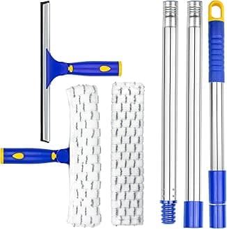 ITTAR Window Squeegee with 2 Sets Stainless Steel Pole, Squeegee Cleaning Tools with Microfiber Pads, 60"-72" Telescopic Window Washing Kit, Professional Squeegee Cleaner for Home Car Outside Glass