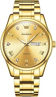 Men's Watches Large Face Three Hands Quartz Watch for Men Yellow Gold Face Casual Stainless Steel Band Men's Diamond Watches with Date Fashion Analog Roman Numerals Mens Dress Watch for Father