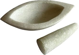 Pearl White Boat Shaped Mortar Pestle Set or Nav Kharal or Ohkli Musal or Idi Kallu or Spice Grinder or Medicine Crusher