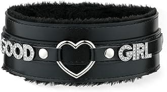 Pink Furry Heart O-ring Leather Choker Collar For Women, Handmade Punk Gothic Letter Necklace Adjustable Fashion Jewelry