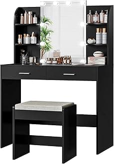 usikey Vanity Desk with Mirror & Lights, Makeup Vanity Table with 2 Large Drawers, 6 Storage Shelves & Stool, Bedroom Dressing Vanity Table with 3 Color Light Adjustable, Black
