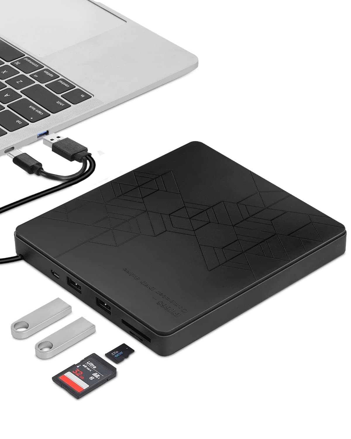 Maxesla External DVD Drive USB 3.0 Type C With SD TF Card Reader & USB-Stick Port, Super Fast Speed 8X CD 24X Burner for Windows 11 Laptop Desktop PC Mac