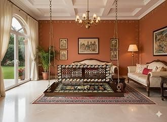 Jairi Traders Plank Wooden Swing Indoor Outdoor Teak Wood Handmade Back Support(4x2 Feet) Hand Painted with Brass Coated Accessories Jhali Work