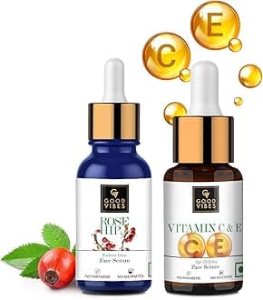 Good Vibes Face Serums Combo Pack of 2 | Rose Hip Radiant Glow Face Serum and Vitamin C & E Age Defying Face Serum (10 ml x 2) | Natural Light Weight Non Greasy Moisturizing Formula For All Skin Types