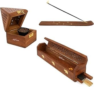SIGNAMIO® 3 Pcs Premium Wooden Sambrani Dhoop & Incense Stick Agarbatti Holder Set: Agarbatti Stand with Ash Catcher, Pooja Room Decoration Essential, Pooja Thali Accessories, and Mandir Decor Items