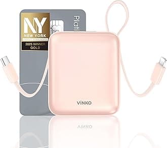 VINKO 10000mAh Power Bank Built-in Cables, Fast Charging with LED Display, Small Travel Battery Pack with Cords, Airplane Travel Essentials,Portable Phone Charger for iPhone 17 Smart Devcies(Pink)