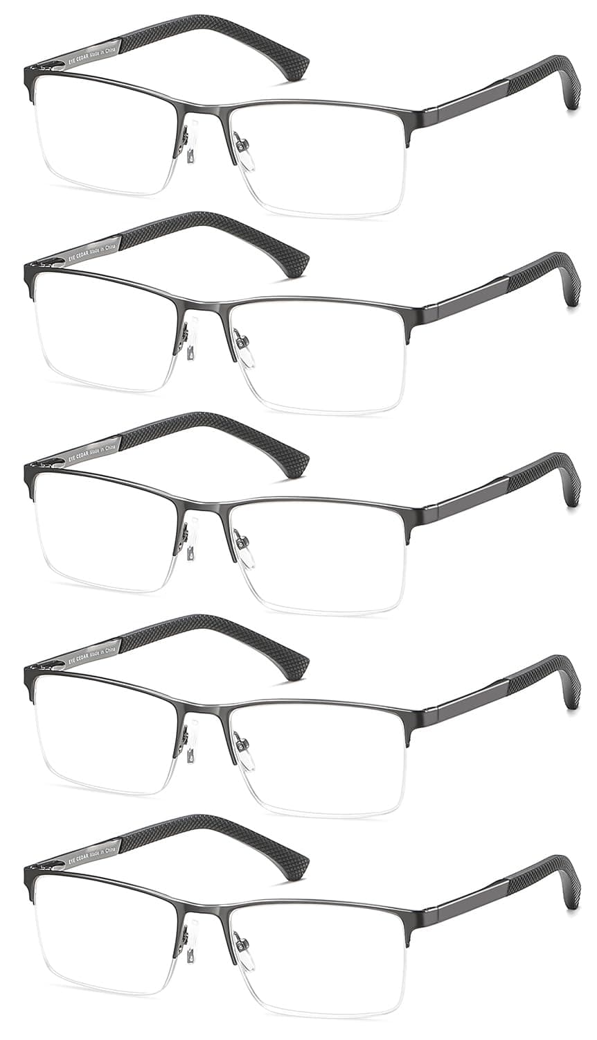 EYECEDAR5-Pack Reading Glasses for Men Metal Half Frame Rectangular Style Spring Hinges Eyeglasses Mens Readers 2.00