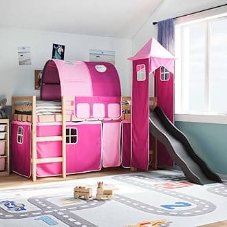vidaXL Kids' Loft Bed with Tower and Slide - Pine Wood, Pink, 90x190 cm