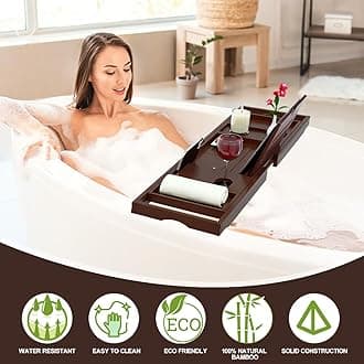 Premium Bamboo Bath Tray Caddy – Extendable Bath Caddy Tray, Wine Glass Holder, Device (Tablet, Kindle, iPad, Smart Phone) Tray for a Home-Spa Experience – Fits Most Bath Sizes
