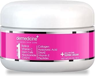 All In One Super Anti-Aging Cream for Face with Retinol, Vitamin C, Stem Cells, Vitamin E, CoQ10, Collagen, Hyaluronic Acid, DMAE, Peptides, Niacinamide Trial Size