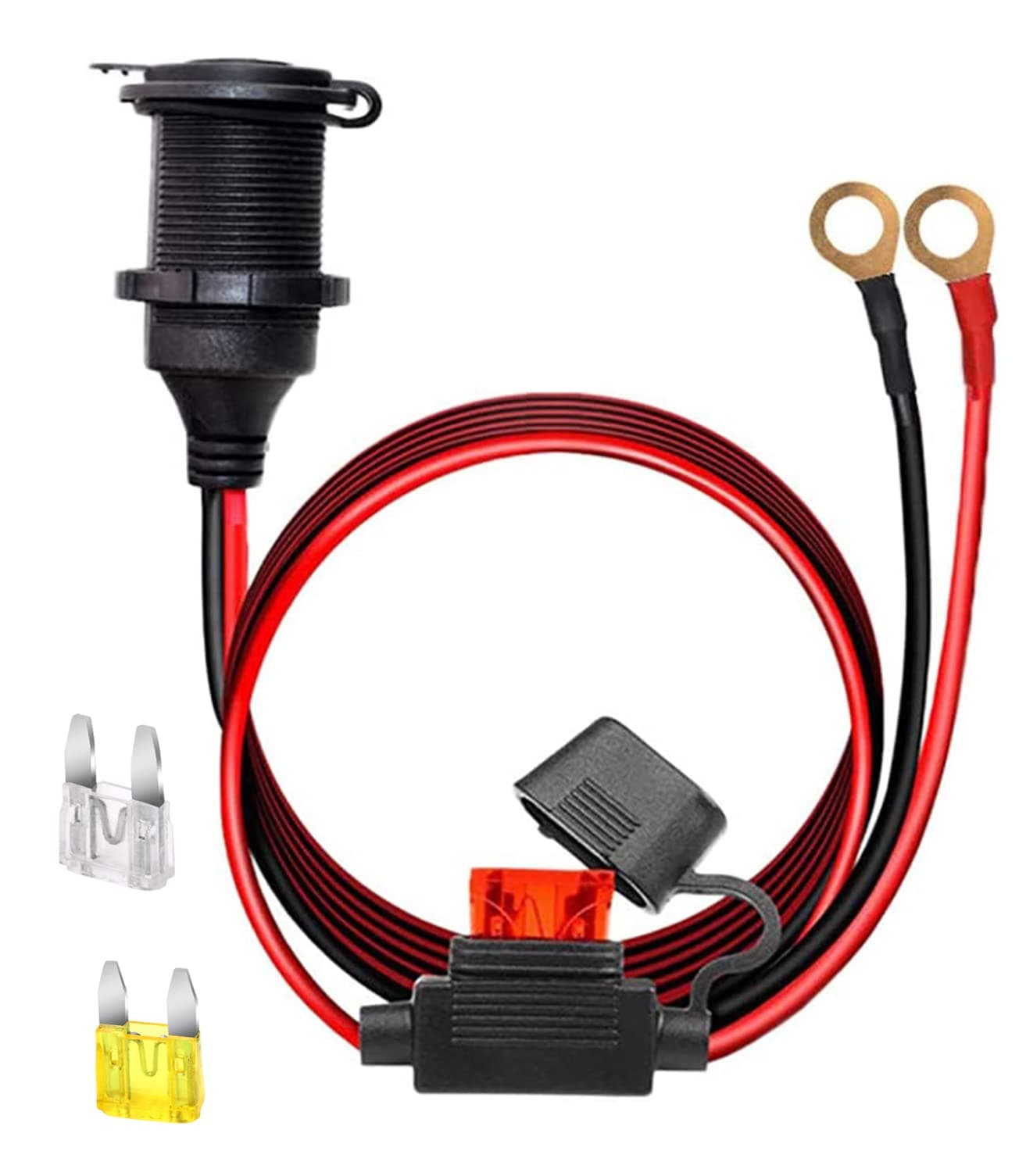 12V/24V Fixed Thread Cigarette Lighter Socket Extension Cable with Perforated Terminal Direct Battery Type car Adapter 2.5mm² 20A Heavy Duty Cable 10FT（Free Two Blade fuses）