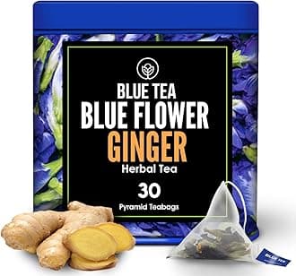 BLUE TEABlue Flower Ginger Tea Bags - 30 Pyramid Tea Bags || ANTI-INFLAMMATORY || Iced Tea, Mocktail, Cocktails | Eco-Friendly Tin Packaging |