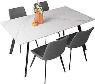 HIPIHOM Modern Kitchen Dining Slate Table and Chairs for 4,5 Pieces Rectangular Dining White Sintered Stone Table and Chairs Set 4 for Home, Kitchen, Living Room, Dining Room (Table+4 Grey Chairs)
