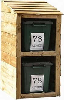 Signs & Numbers Wooden Double Recycling Bin Storage | Outdoor Bin Shed for 2 Bins | Pressure Treated Wood | 2 Free Personalised Labels | Garden Waste & Bin Store 66x60x113.5cm