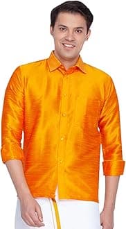 VASTRAMAYMen's Silk Blend Ethnic Shirt | Full Sleeves South Indian Traditional Shirt | Festive, Wedding, Casual Wear