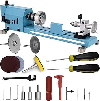 Mini Wood Lathe Machine Infinite Speed Control Multi-Purpose Type For Desktop Supports Wood Sawing, Polishing, Grinding The Professional Set Of Accessories Comes With Instructions For Easy Use