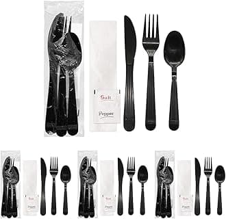 Party Essentials Individually Wrapped Plastic Cutlery Packets/Heavy Duty Silverware Kits, Fork/Spoon/Knife/Napkin/Salt/Pepper, 50 Utensils Sets, Black (Pack of 4)