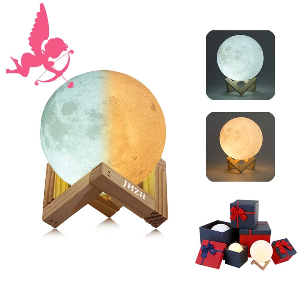 Moonlight 3D Printed Moon Lamp | Touch Control Adjustable Brightness & 2 Selectable Light Option (Warm Yellow & Cool White) with Solid Wooden Holder/Stand | USB Charging (20 cm / 7.9 in)