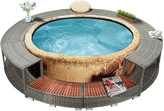 CHARMMA Round Spa Surround, Inflatable Hot Tub Step, Poly Rattan Spa Pool Enclosure with Storage Area, Outdoor Massage Hot Tub Frame for Backyard/Patio, Grey, 111.4 x 111.4 x 21.7