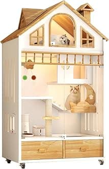 Indoor Enclosed Cat Cage on Wheels,Wooden Cat House Large Space with Scratching Post, Multi-Feature Cat Enclosure with Litter Box Drawer for Indoor Cats,63" X 35" X 24"