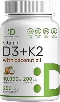 Vitamin D3 10,000 IU + K2 MK7 200mcg Softgels, 250 Count | 2-in-1 Complex with Virgin Coconut Oil | Easy to Swallow