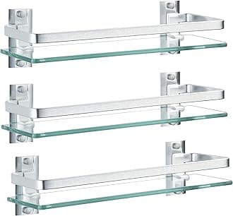 AIJALY 3 Pack Bathroom Glass Shelf,Aluminum Tempered Glass 0.34in Extra Thick Rectangular 1 Tier Storage Organizer Wall Mount,Silver 15.7in