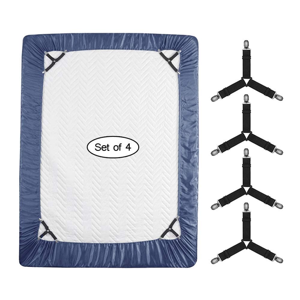 Roomir 4PCS Bed Sheet Fasteners, Adjustable Triangular Bed Sheet Holder Straps for Corners, with Sheet Clips Keeping Sheets in Place, Elastic Grippers Suspenders for Mattress, Sofa, Cushion etc.