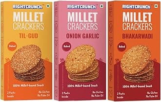 Rightcrunch Millet Crackers - Baked Snack, No Maida, No Palm Oil, Gluten-Free, No Artificial Flavours or Preservatives Combo - Pack of 3 – 300g (Pack of 3, Bhakarwadi, Onion Garlic, Til-gud)