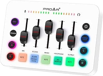Gaming Audio Mixer, Live Streaming Sound Card RGB PC DJ Mixer with Individual Control, 48V Phantom Power, Sound Board Audio Interface for PC Phone, Podcast Equipment Bundle for Recording Youtube