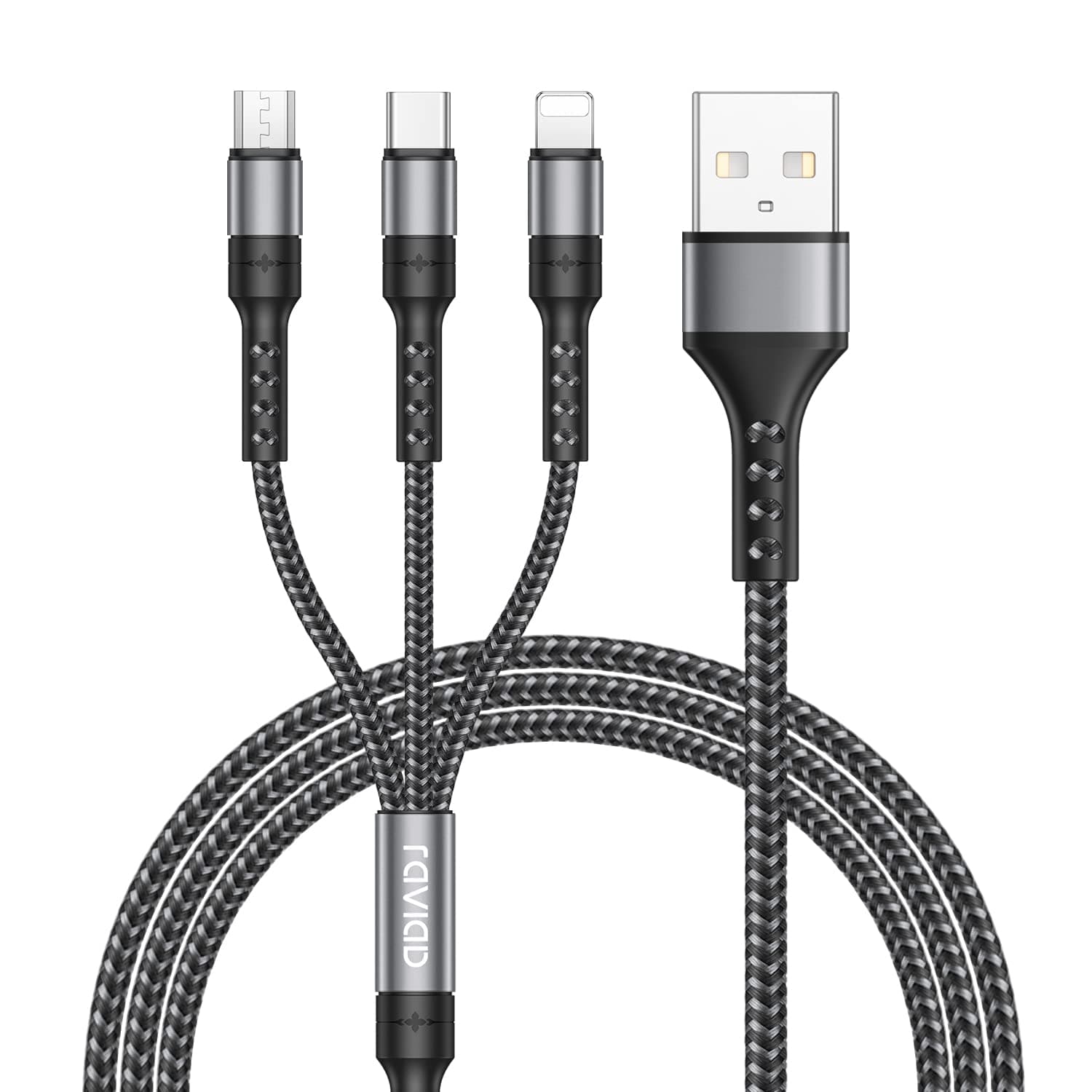 RAVIAD Multi Charger Cable, 3 in 1 Charger Cable [1.2M] Multiple USB Cable Nylon Braided with Micro USB Type C Lightning Cable Connector for iPhone, Android Samsung Galaxy, Huawei, Oneplus, LG- Grey