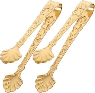 2PCS Mini Serving Tongs, 3.5Inch Rose Stainless Steel Sugar Cube Tongs, Small Gold Ice Tongs Salad Tongs Mini Appetizer Tongs for Tea and Coffee Party, Appetizers, Desserts (Gold)