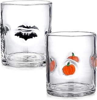 2 Pcs Halloween Icon Juice Glasses 14 oz Bat and Pumpkin Glass Cups Double Old Fashioned Hand Blown Drinking Cups for Halloween Party Decor Lovely Gifts