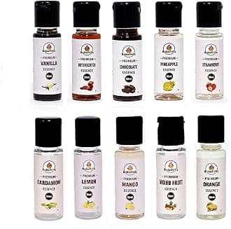 - Bakefrillz Food Flavour Essence | Pack of 10 (30 ml x 10) - Vanilla, Strawberry, Butterscotch, Pineapple, Chocolate, Mango, Mix Fruit, Cardamom, Lemon & Orange