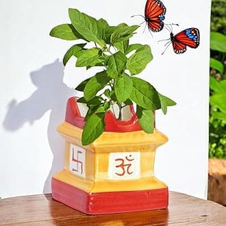 ecofynd 5 inches Tulsi Ceramic Plant Pots, Flower Pot with Drainage Hole, Decorative Modern Indoor Planters, Home Garden Decor for Living Room Bedroom Interior (Yellow,CPOT016)