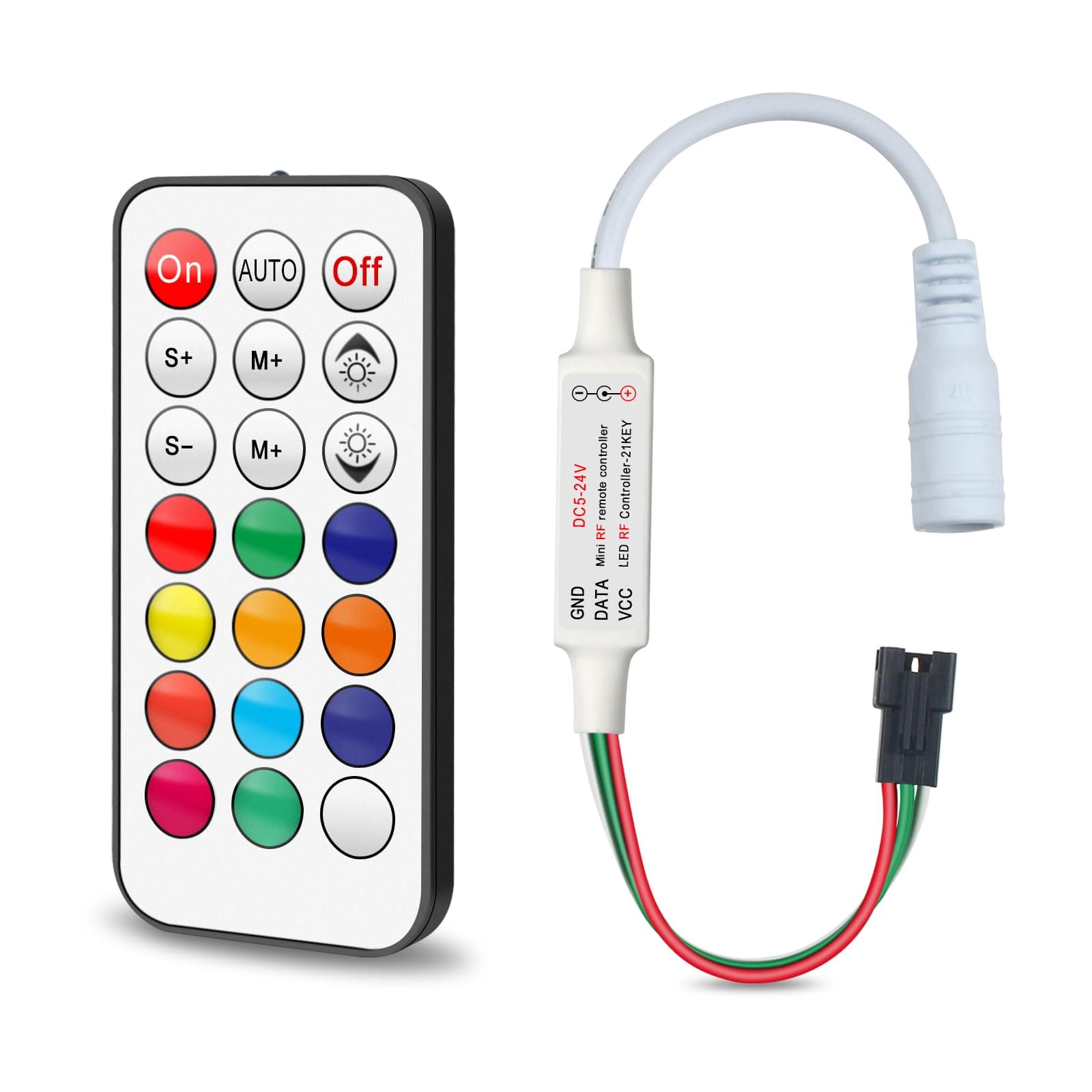 RGBZONE DC5V/12V/24V RF Wireless Remote LED Controller Addressable Mini LED Controller for WS2812B WS2812 WS2811 Dream Color LED Pixel Strip Panel Light(21 Keys)
