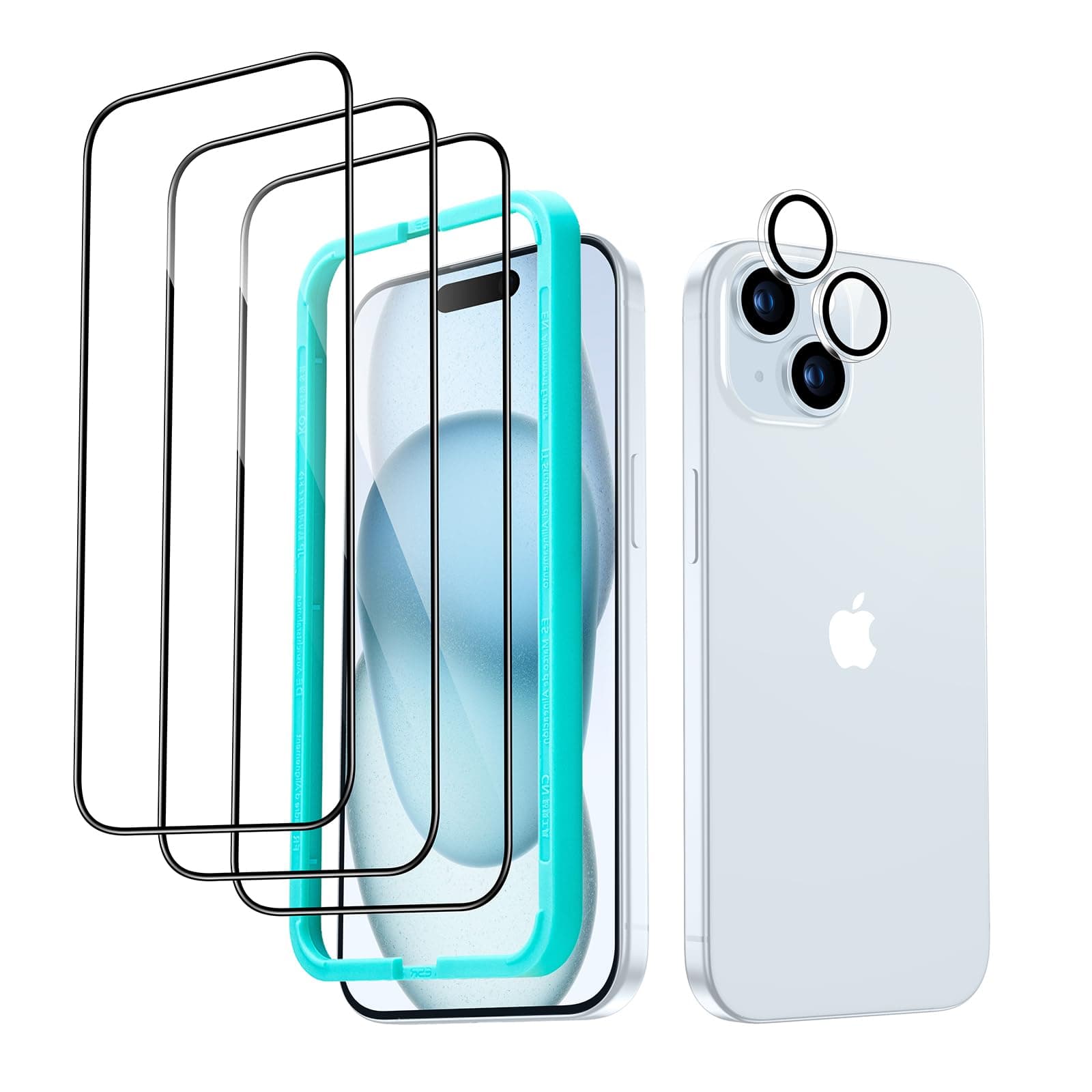 ESR 3+1 Pack for iPhone 15 Plus Screen Protector Set, 3 Tempered Glass Screen Guards and 1 Set Individual Lens Protectors, 2.5D Curved Edges, Full-Coverage Military-Grade Protection, Scratch Resistant
